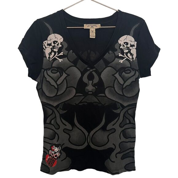 Vintage Ed Hardy Skull and roses vneck women's tshirt size large - Picture 1 of 3